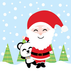 Cute Santa and panda smile on snow background vector cartoon, Xmas postcard, wallpaper, and greeting card, T-shirt design for kids