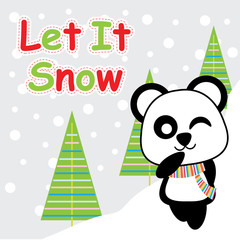 Cute panda is winking on snow background vector cartoon, Xmas postcard, wallpaper, and greeting card, T-shirt design for kids