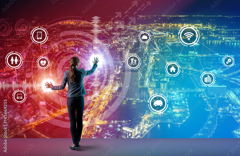 Poster young business person and graphical user interface concept, internet of things, information communic