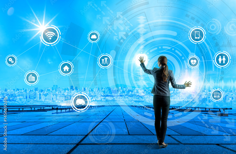 Poster young business person and graphical user interface concept, internet of things, information communic