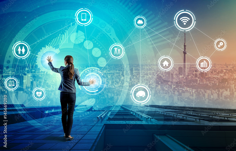 Poster young business person and graphical user interface concept, internet of things, information communic