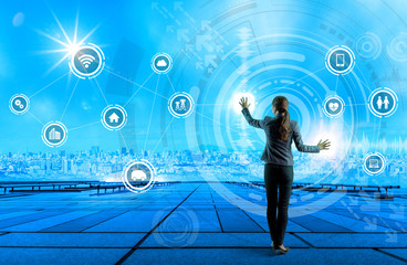 young business person and graphical user interface concept, Internet of Things, Information Communication Technology, Smart City, digital transformation, abstract image visual