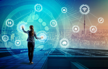 young business person and graphical user interface concept, Internet of Things, Information Communication Technology, Smart City, digital transformation, abstract image visual