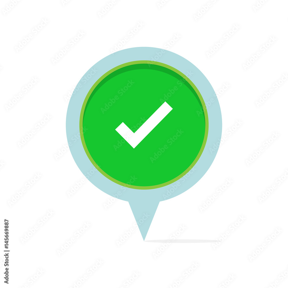 Poster check mark with map pointer on blank background
