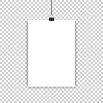 White Paper Sheet Or Poster Hanging On Isolated Background