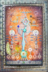 Ethnic,geometric and alchemic collage with magic tree