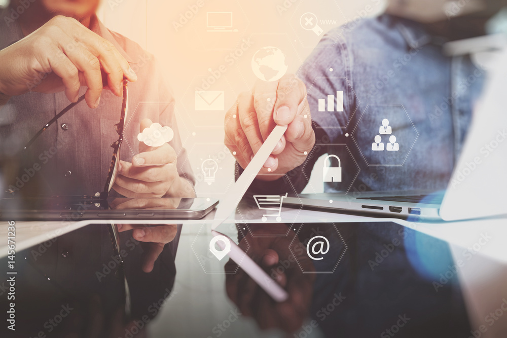 Aufkleber co working team meeting concept,businessman using smart phone and laptop and digital tablet computer