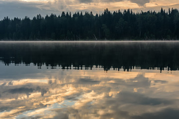 lake fog clouds reflection dawn