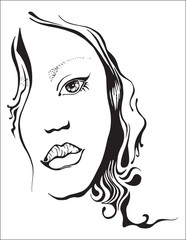 A beautiful face of a young girl. Black and white line. Vector image.