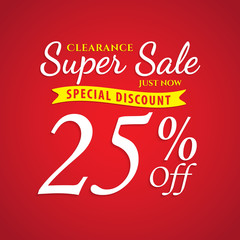 Vol. 1 Super Sale red 25 percent heading design for banner or poster. Sale and Discounts Concept. Vector illustration.