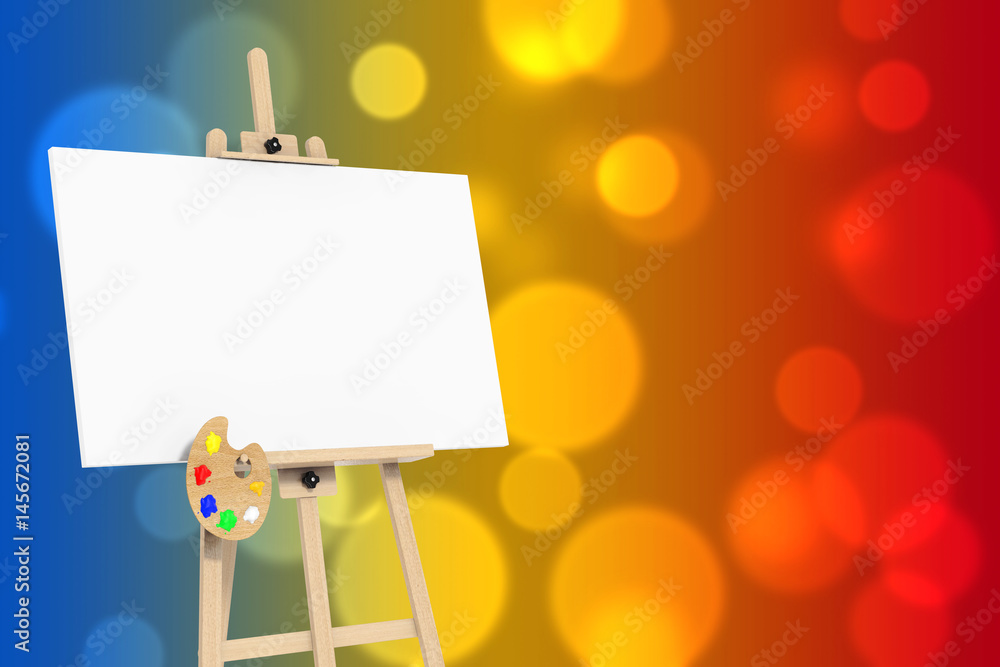 Poster wooden artist easel with white mock up canvas and palette. 3d rendering