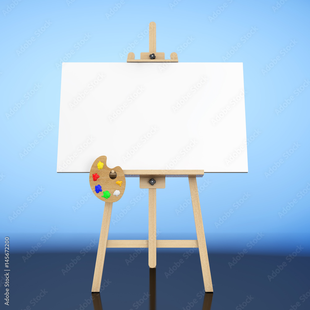 Poster wooden artist easel with white mock up canvas and palette. 3d rendering