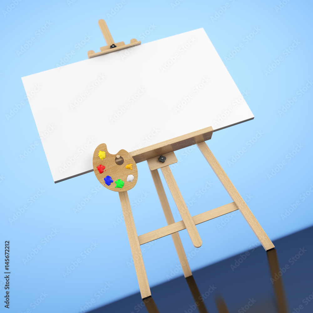 Poster wooden artist easel with white mock up canvas and palette. 3d rendering