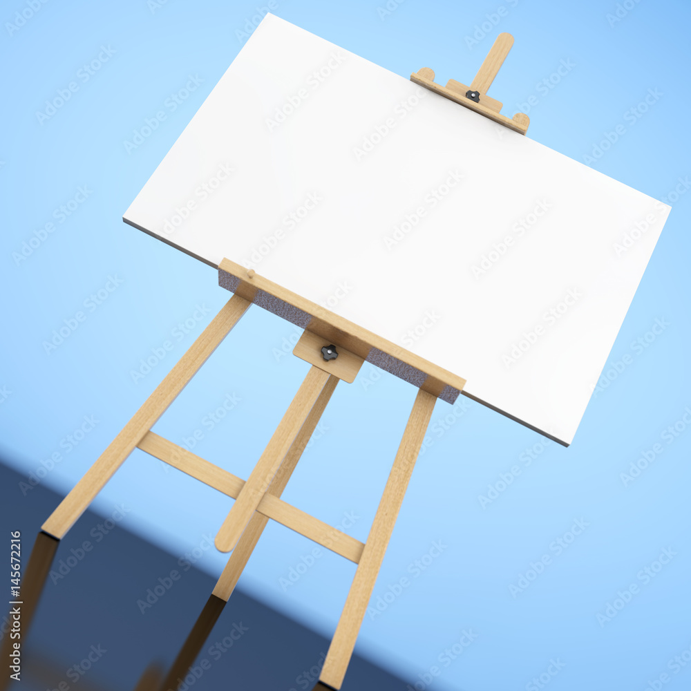 Poster wooden artist easel with white mock up canvas. 3d rendering