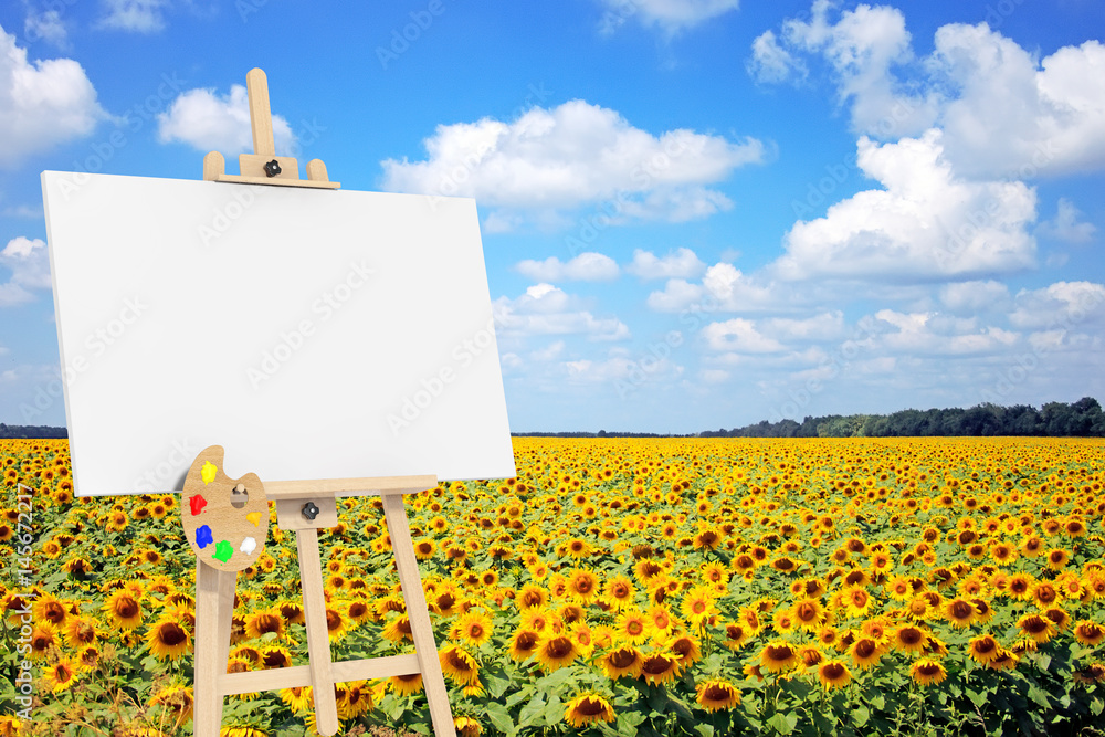 Poster wooden artist easel with white mock up canvas and palette. 3d rendering
