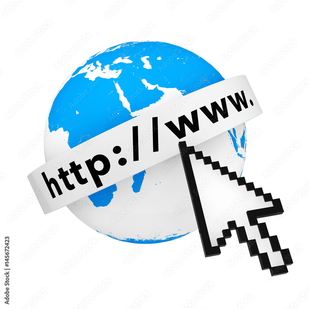 Poster Earth Globe with Internet Address Text and Pixel Cursor. 3d Rendering
