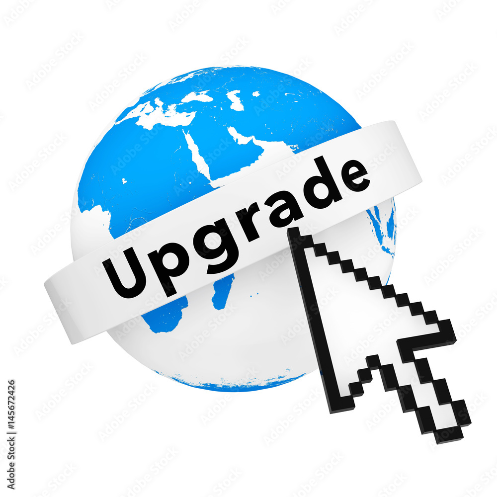 Poster Earth Globe with Application Upgrade Text and Pixel Cursor. 3d Rendering