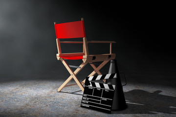 Naklejka premium Cinema Industry Concept. Red Director Chair, Movie Clapper and Megaphone in the volumetric light. 3d Rendering