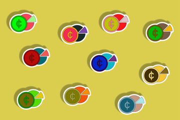 flat icons set of Business pie chart and currency concept in paper sticker style. infographic items