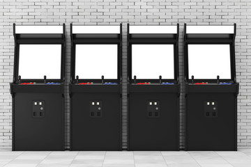 Row of Gaming Arcade Machines with Blank Screen for Your Design. 3d Rendering