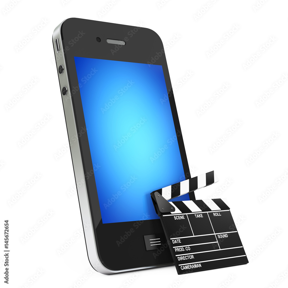 Poster mobile phone with clapboard. 3d rendering