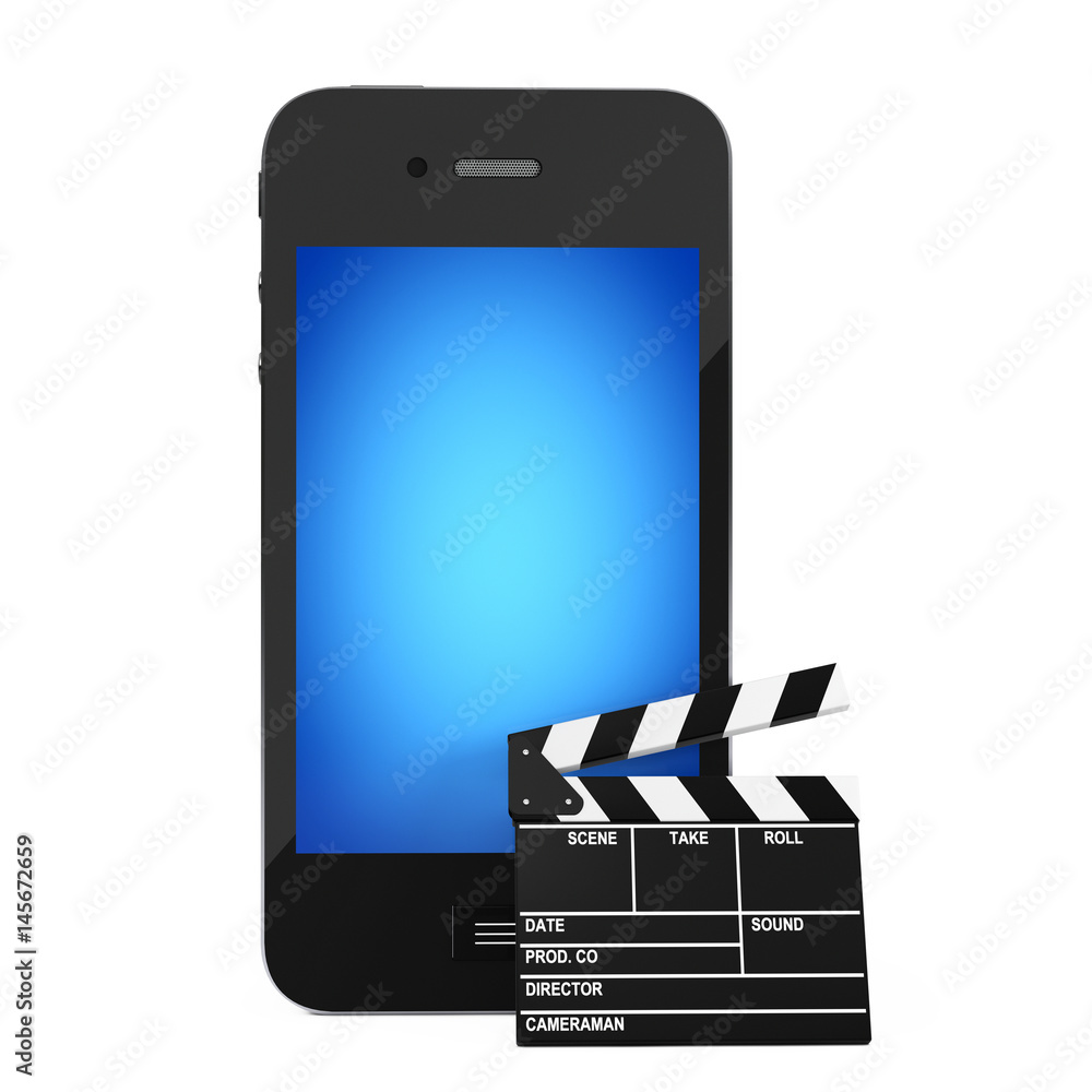 Poster mobile phone with clapboard. 3d rendering