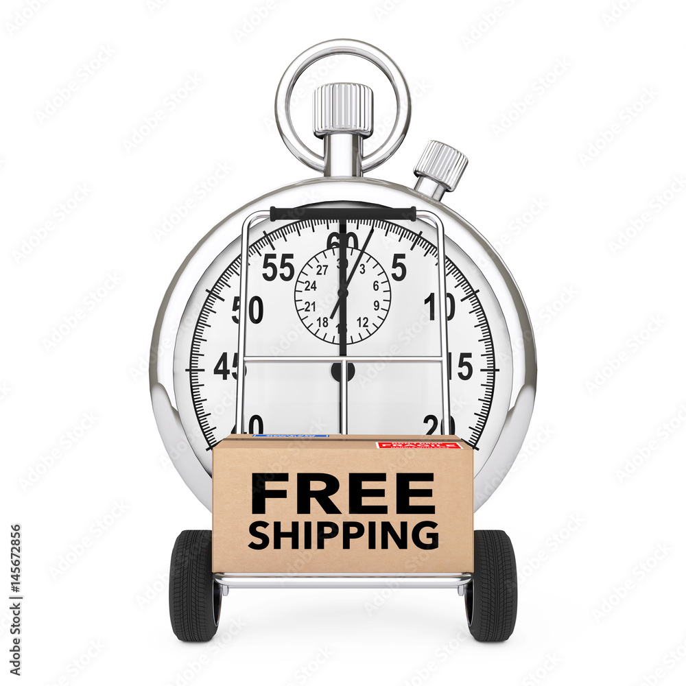 Poster logistic concept. stopwatch near box with free shipping sign over cart. 3d rendering