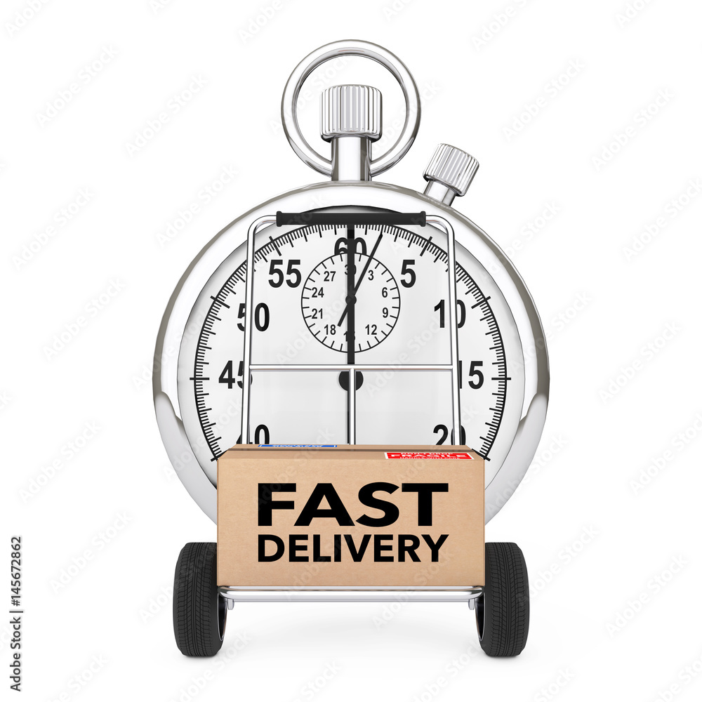 Poster logistic concept. stopwatch near box with fast delivery sign over cart. 3d rendering