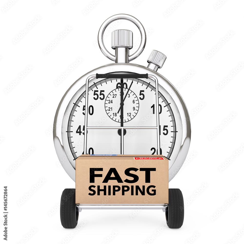 Poster logistic concept. stopwatch near box with fast shipping sign over cart. 3d rendering