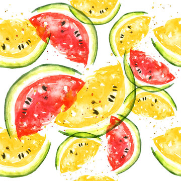 Seamless watercolor pattern with a piece of red and yellow
Watermelon, vintage bright drawing of a topical fruit.