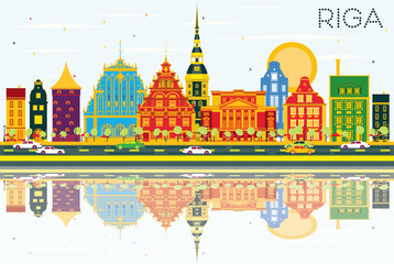 Fototapeta premium Riga Skyline with Color Buildings, Blue Sky and Reflections.
