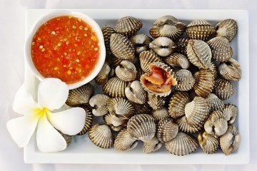 Isolated Cockleshells with sauces on white dishes
