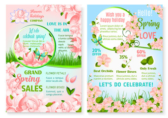 Fototapeta premium Spring flowers sale vector poster for discount promo offer on springtime holiday floral bouquets and bunches. Design of blooming pink orchids blossoms on green flourish grass fields
