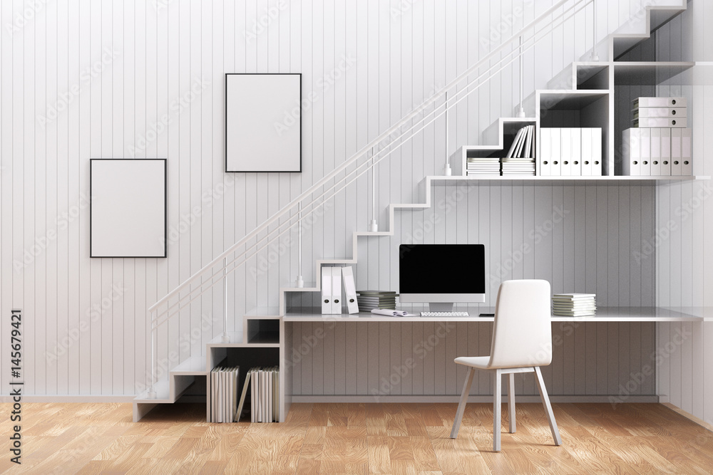 Aufkleber 3d rendering : illustration of modern interior creative designer office desktop with pc computer.com