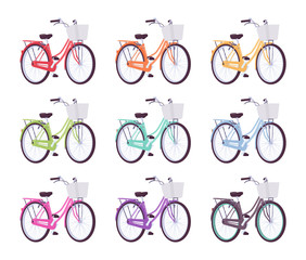 Set of female bicycles in different colors