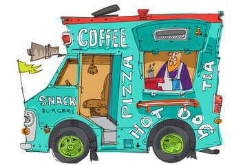 Street food trailer. Traditional fresh snacks and coffee. Urban lifestyle.