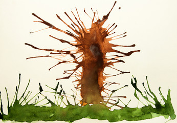Tree and grass on a white background. A watercolor drawing.