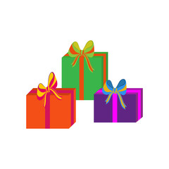 Set of different colorful wrapped gift boxes. Flat design. Beautiful present with bow. Symbol and icon for Christmas gift box. Isolated vector illustration.