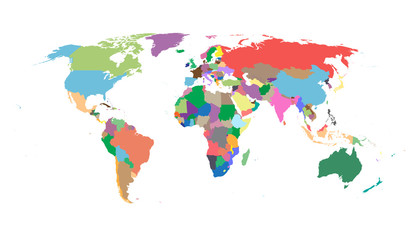 Fototapeta premium Kolorowy świat polityczny mapa na białym tle. Mapa świata wektor szablon na stronie internetowej, infografiki, projekt. Ilustracja mapa świata płaskiej ziemi.
