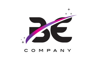BE B E Black Letter Logo Design with Purple Magenta Swoosh
