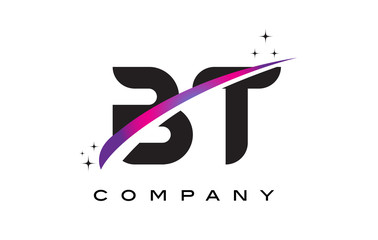 BT B T Black Letter Logo Design with Purple Magenta Swoosh