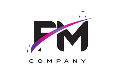 FM F M Black Letter Logo Design with Purple Magenta Swoosh