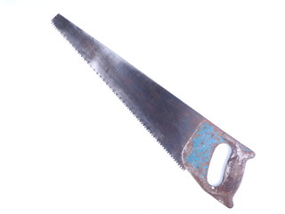 Old rusty hacksaw on white background