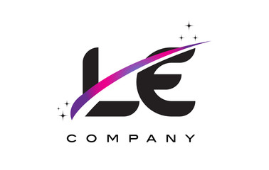 LE L E Black Letter Logo Design with Purple Magenta Swoosh