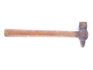 Old hammer with a wooden handle on a white background
