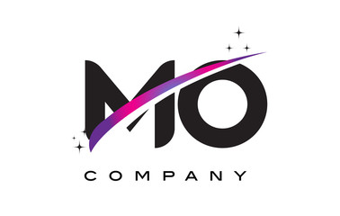 MO M O Black Letter Logo Design with Purple Magenta Swoosh