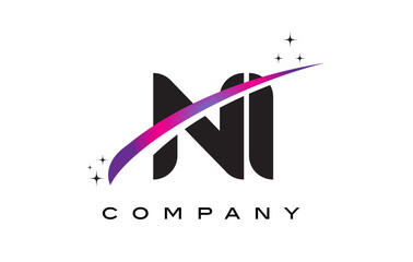 NI N I Black Letter Logo Design with Purple Magenta Swoosh