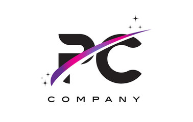 PC P C Black Letter Logo Design with Purple Magenta Swoosh