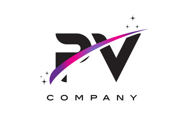 PV P V Black Letter Logo Design with Purple Magenta Swoosh