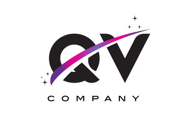 QV Q V Black Letter Logo Design with Purple Magenta Swoosh